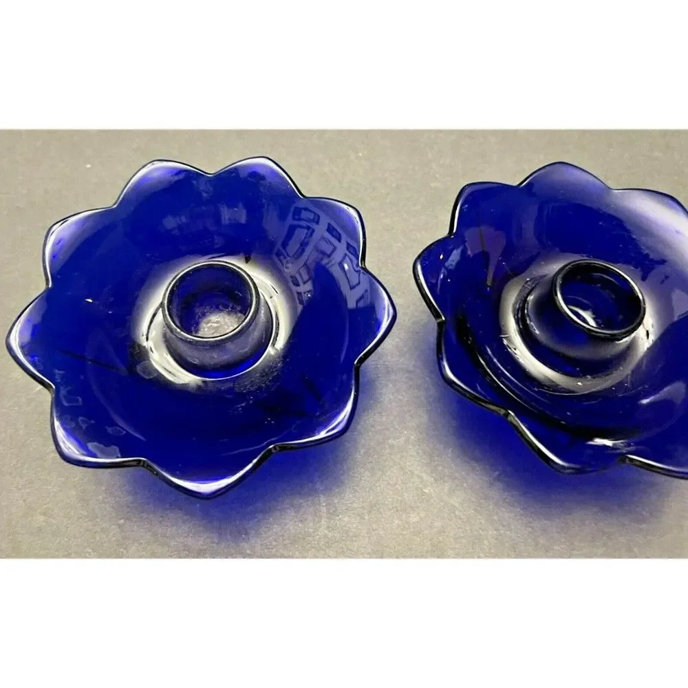 Vintage Fenton Cobalt Blue Glass Lotus Footed Candlestick Holders – Set of 2